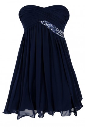 Trail of Stars Embellished Pleated Chiffon Party Dress in Navy